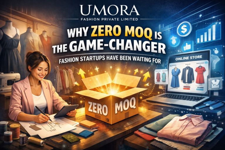 Zero MOQ manufacturing concept by Umora Fashion Private Limited, illustrating how low minimum order quantities help fashion startups launch, test designs, and scale through digital retail