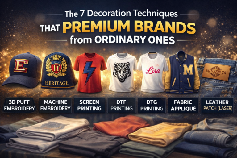 Infographic showing 7 garment decoration techniques including embroidery, screen printing, DTF, DTG, appliqué and leather patches used by premium fashion brands
